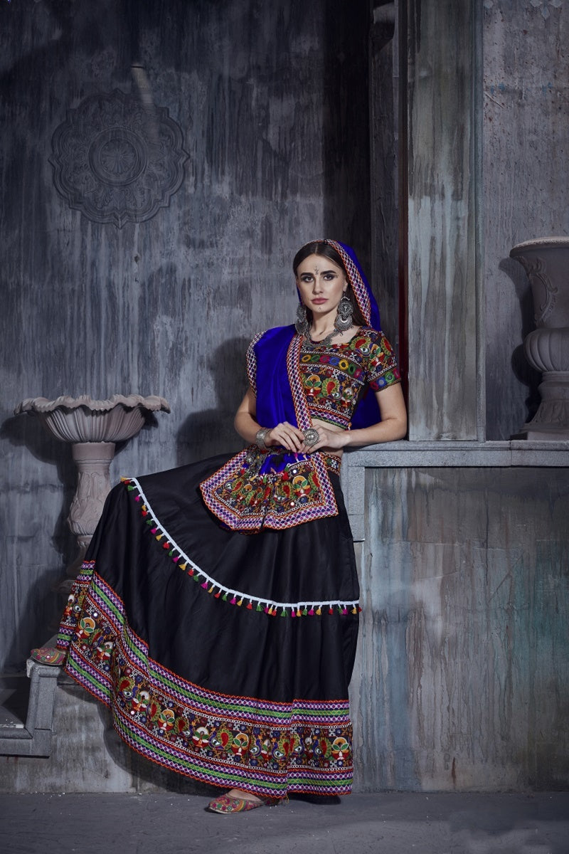 Rajwadi Black Gamthi Embroidered Navratri Chaniya Choli with Royal Blue Dupatta