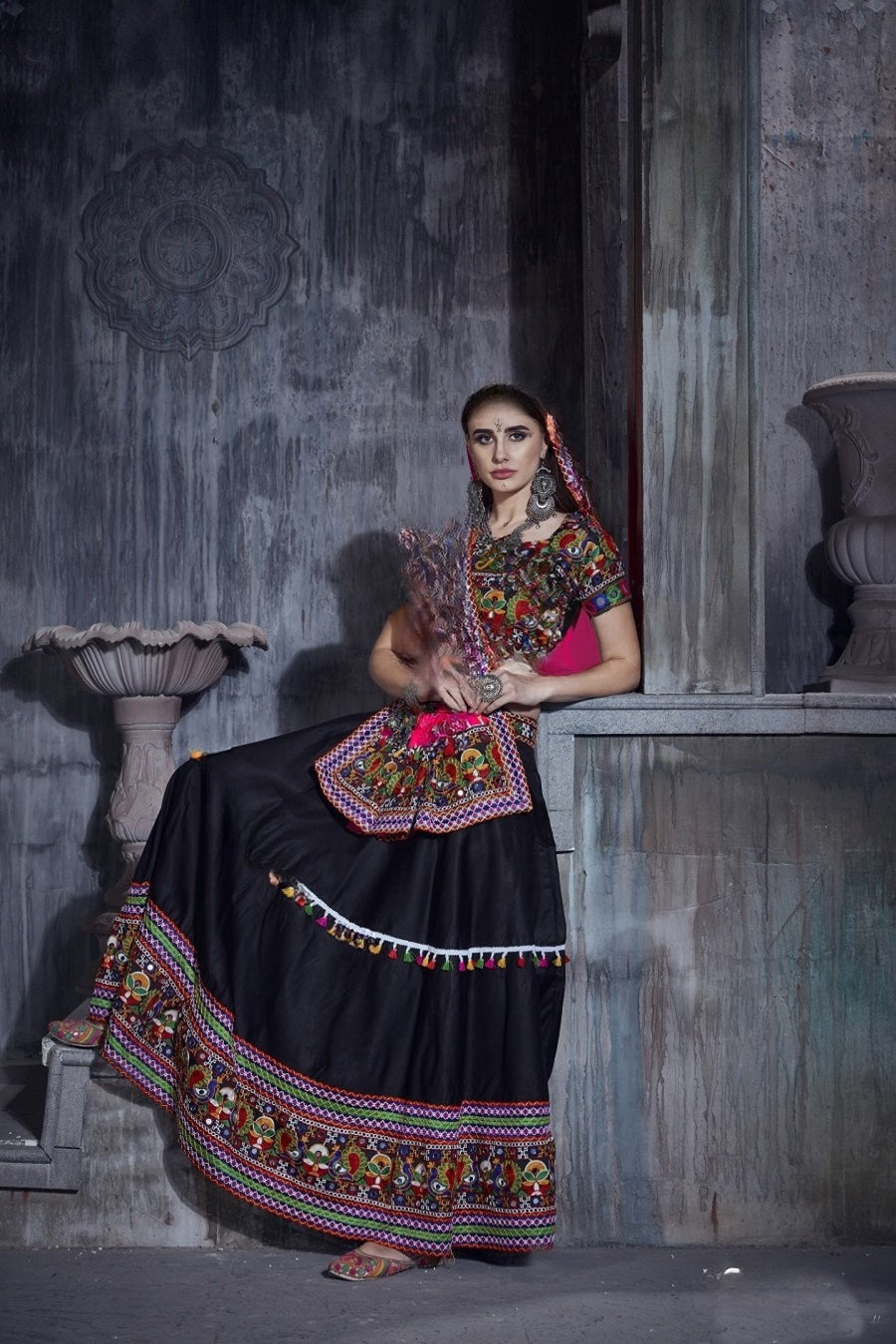 Rajwadi Black Gamthi Embroidered Navratri Chaniya Choli with Pink Dupatta