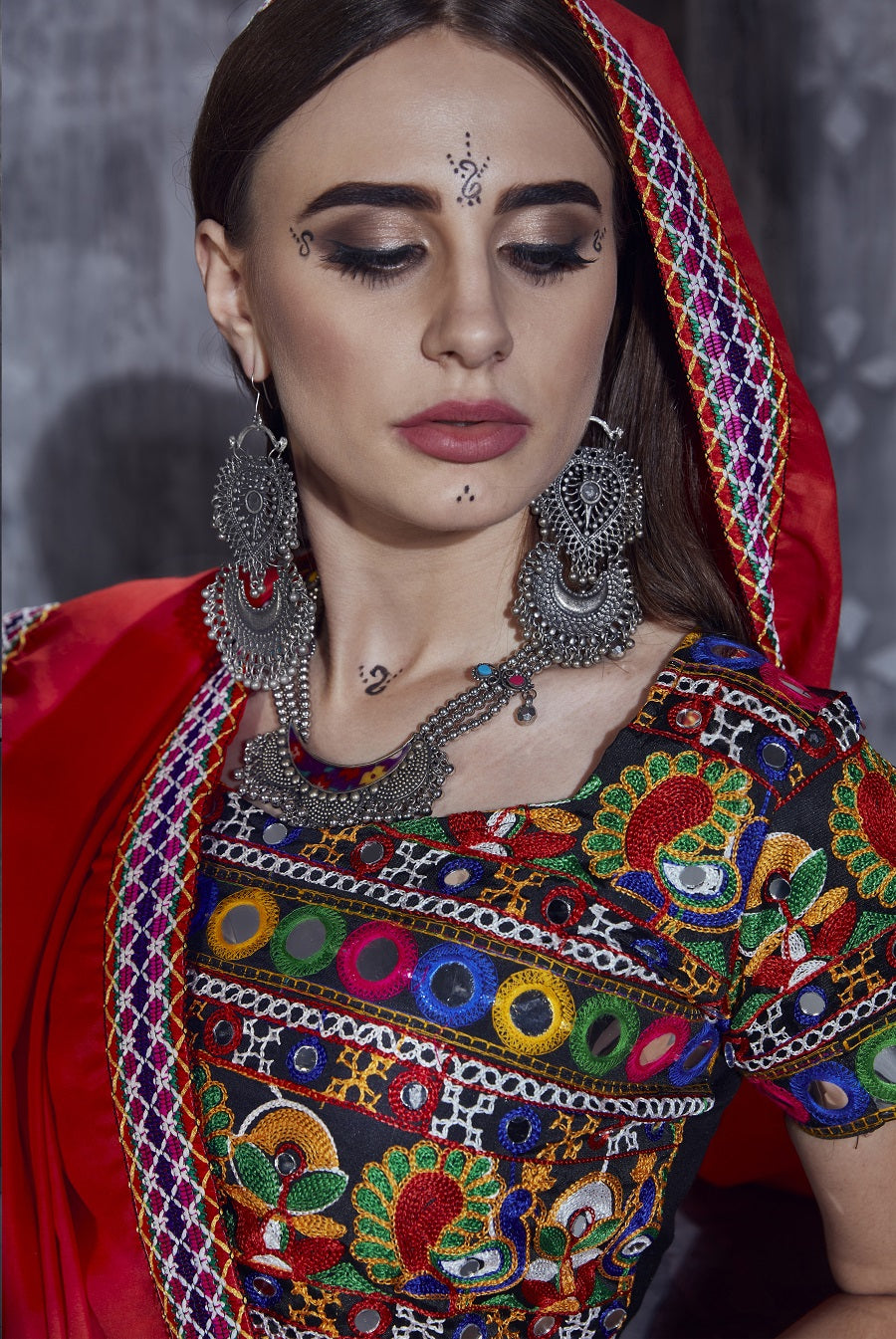 Rajwadi Black Gamthi Embroidered Navratri Chaniya Choli with Red Dupatta – Design
