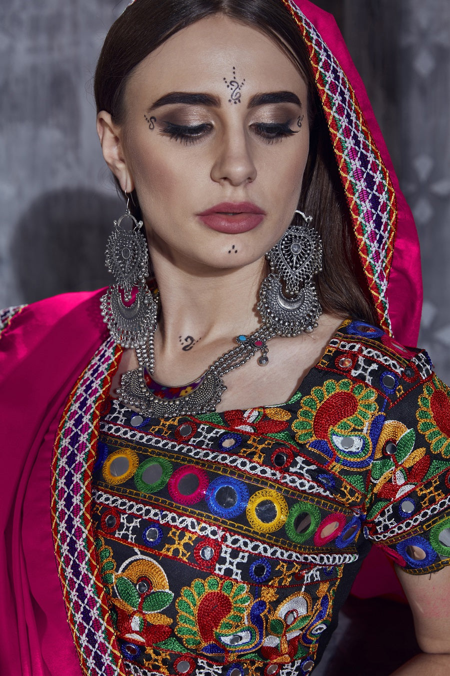 Rajwadi Black Gamthi Embroidered Navratri Chaniya Choli with Pink Dupatta