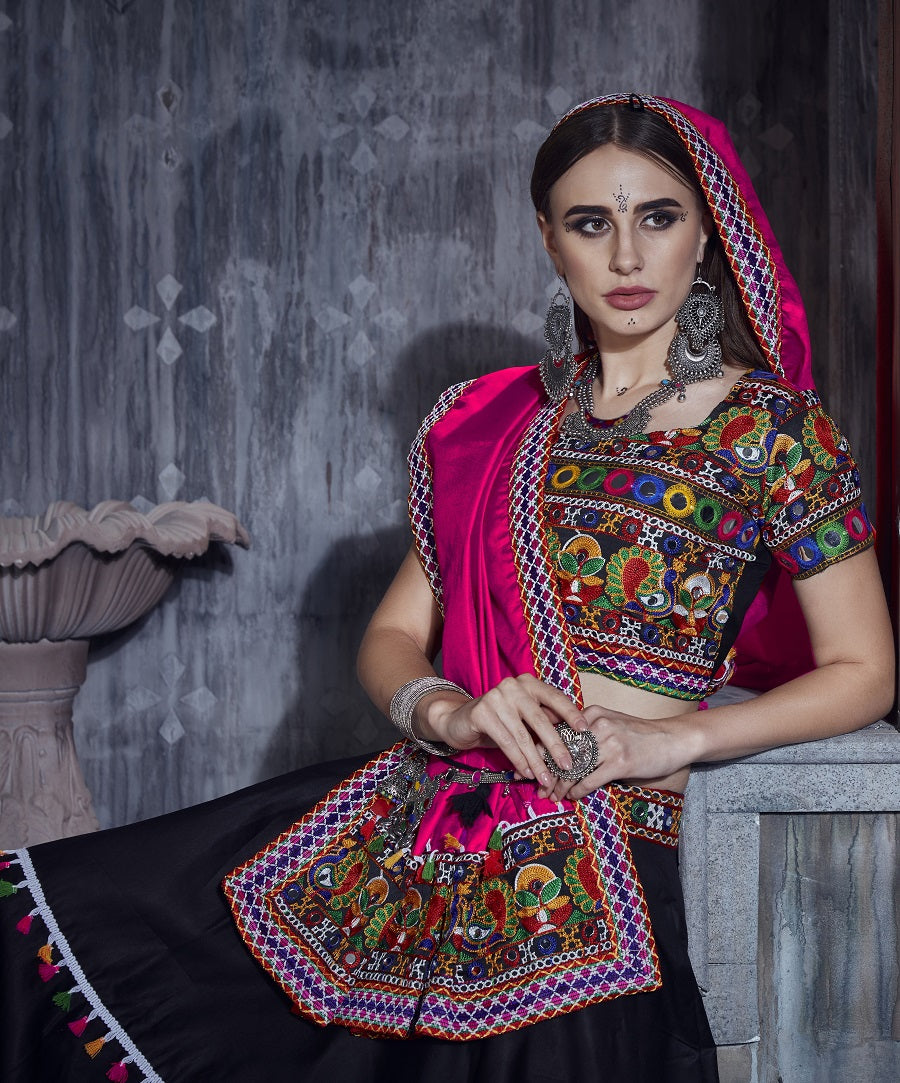 Rajwadi Black Gamthi Embroidered Navratri Chaniya Choli with Pink Dupatta
