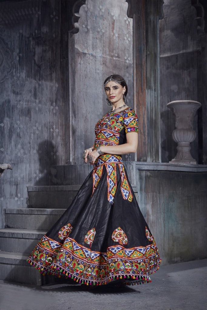 Designer Black Navratri Chaniya Choli with Gamthi Embroidery & Mirror Work