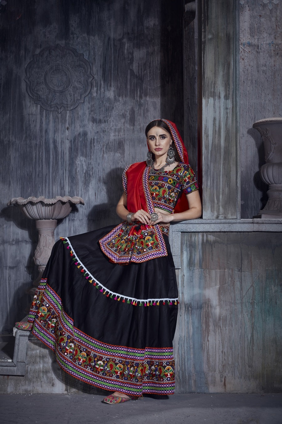 Rajwadi Black Gamthi Embroidered Navratri Chaniya Choli with Red Dupatta – Design