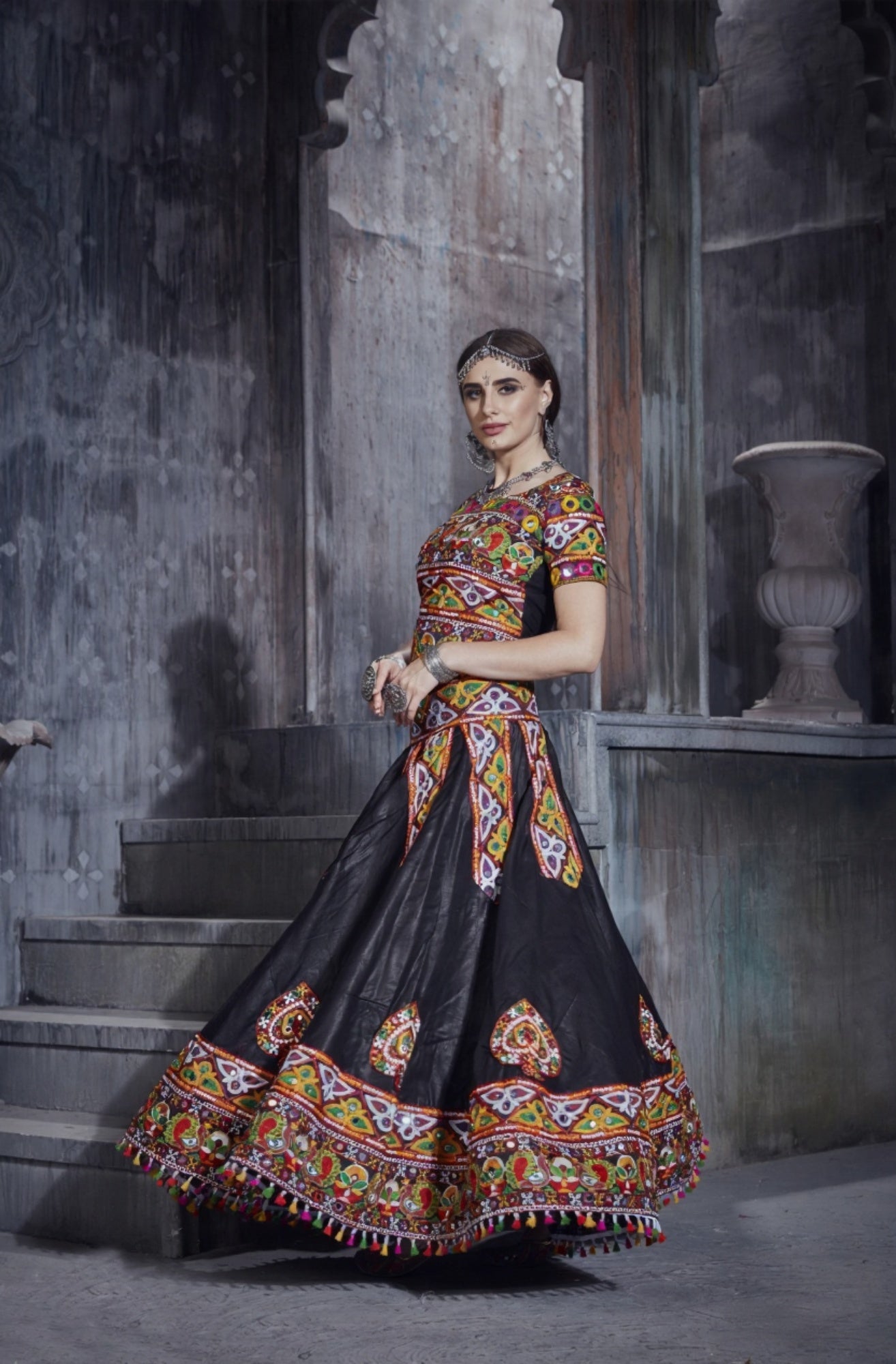 Designer Black & Orange Navratri Chaniya Choli with Traditional Kutchi Mirror & Thread Work