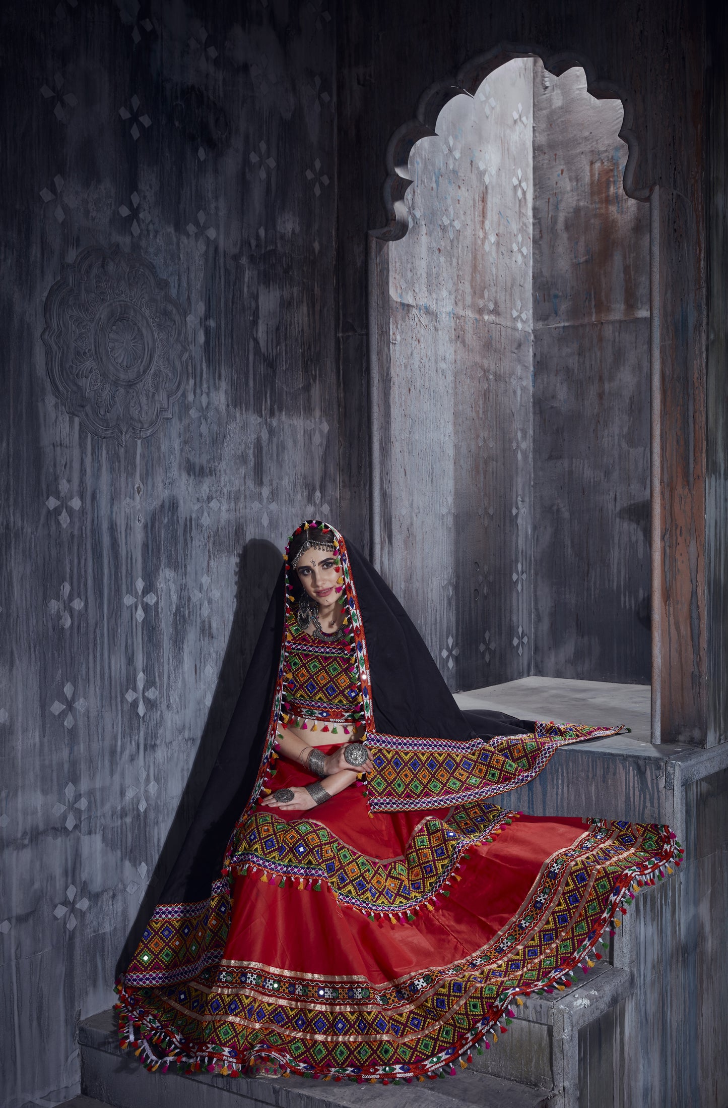 Designer Red & Black Navratri Lehenga Choli with Multicolor Gamthi Mirror Work