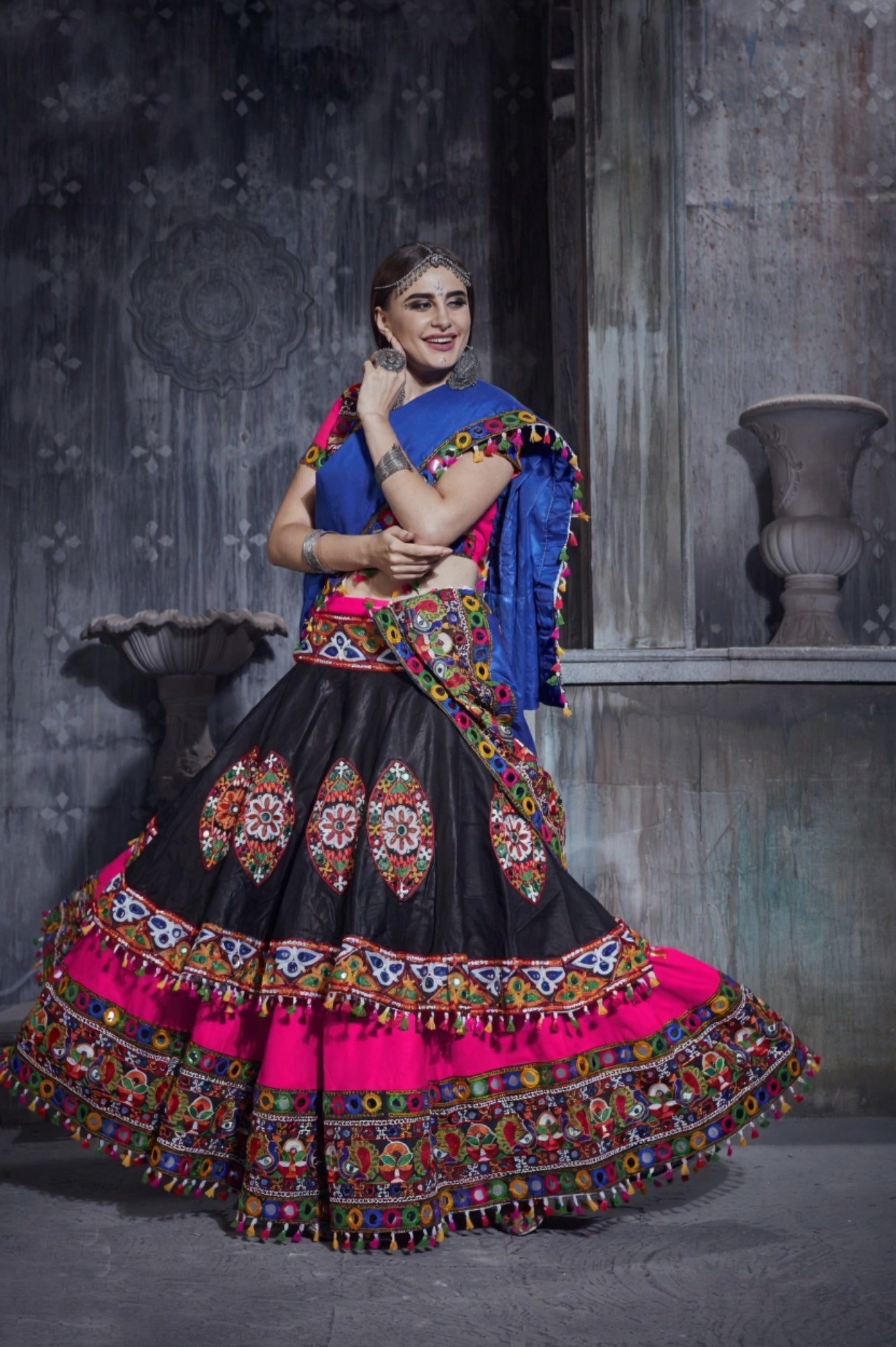 Designer Pink & Black Navratri Lehenga Choli with Blue Dupatta – Traditional Gamthi & Mirror Work
