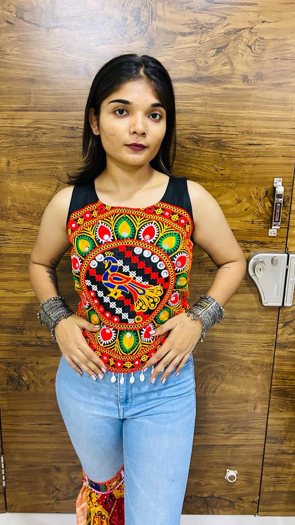 Navratri Special Kutchi Embroidered Peacock Work Koti Crop Top – Multicolor