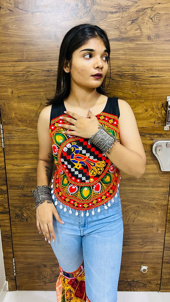 Navratri Special Kutchi Embroidered Peacock Work Koti Crop Top – Multicolor