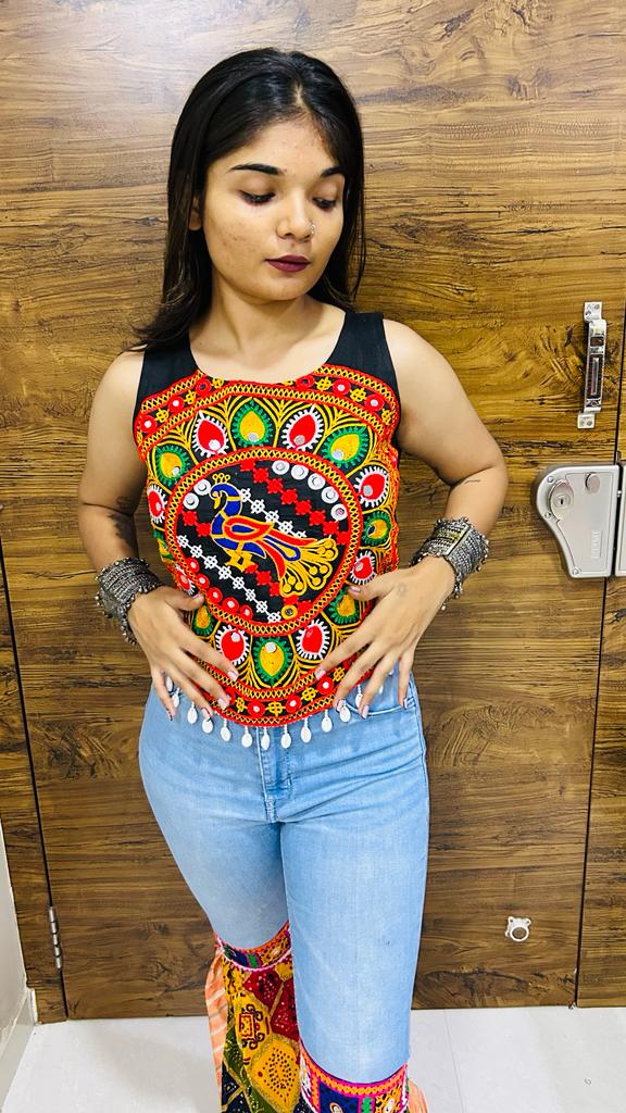 Navratri Special Kutchi Embroidered Peacock Work Koti Crop Top – Multicolor