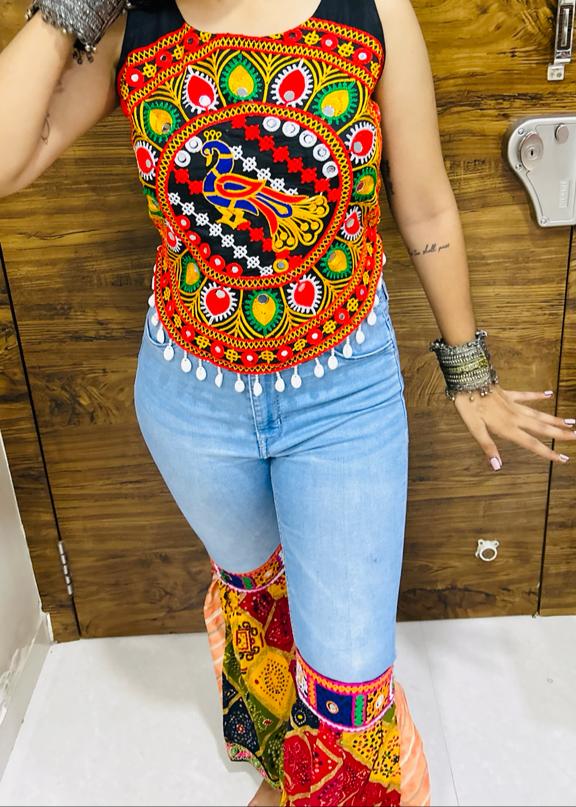 Navratri Special Kutchi Embroidered Peacock Work Koti Crop Top – Multicolor