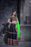 Rajwadi Black Gamthi Embroidered Navratri Chaniya Choli with Neon Green Dupatta