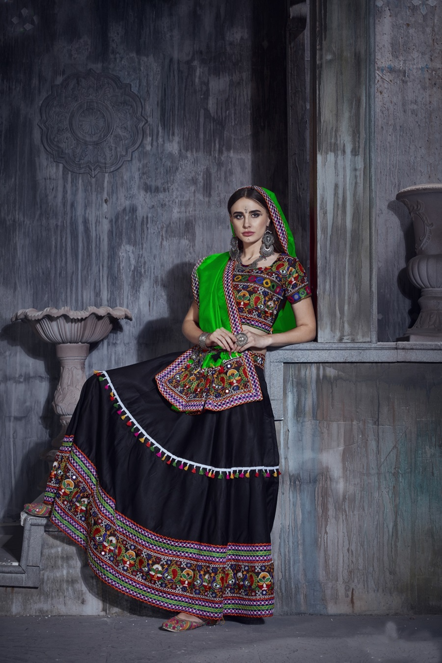 Rajwadi Black Gamthi Embroidered Navratri Chaniya Choli with Neon Green Dupatta