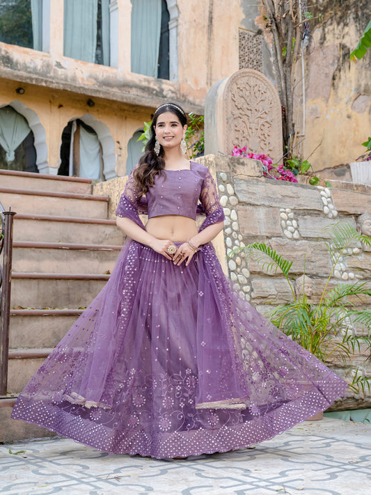 Dreamy Purple Net Lehenga Choli with Sequin & Thread Embroidery