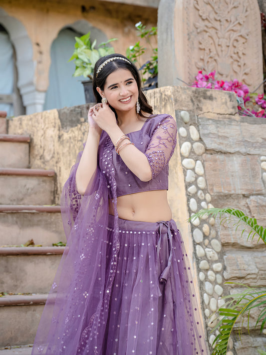 Dreamy Purple Net Lehenga Choli with Sequin & Thread Embroidery