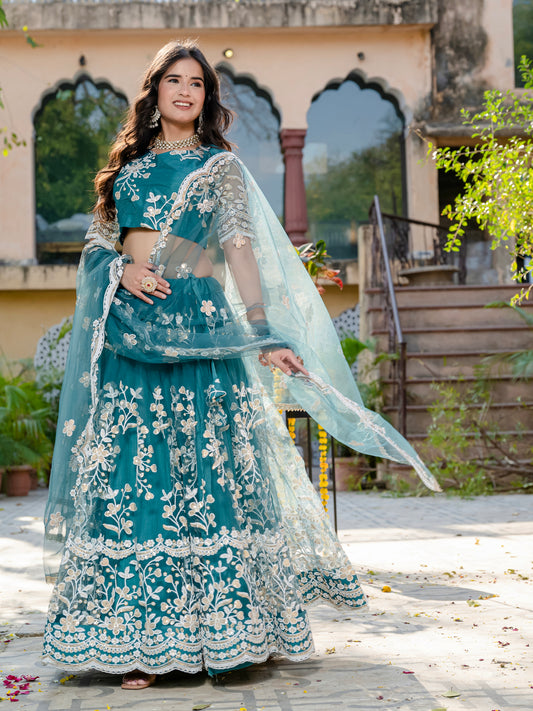 Pastel Teal Sequin & Thread Embroidered Net Lehenga Choli