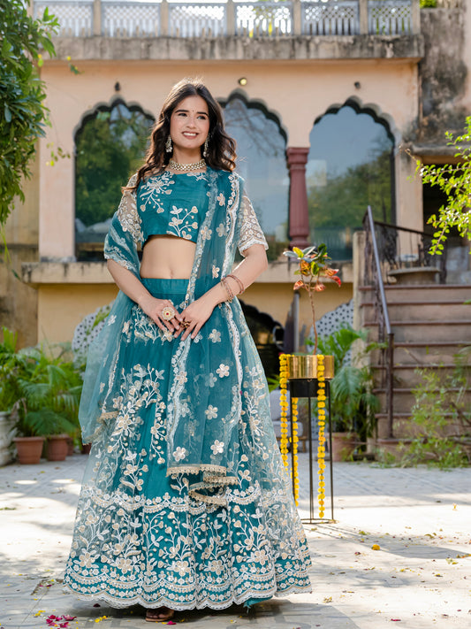 Pastel Teal Sequin & Thread Embroidered Net Lehenga Choli