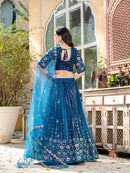 Exquisite Rama Blue Net Lehenga Choli with Sequin & Thread Embroidery