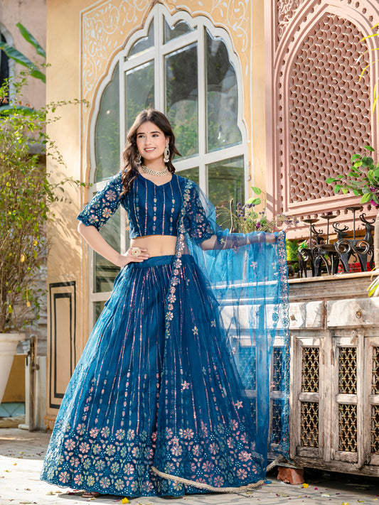 Exquisite Rama Blue Net Lehenga Choli with Sequin & Thread Embroidery