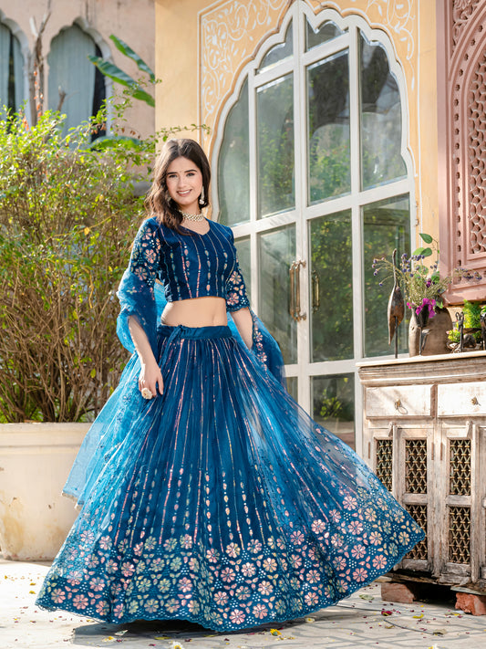 Exquisite Rama Blue Net Lehenga Choli with Sequin & Thread Embroidery