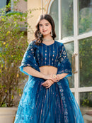 Exquisite Rama Blue Net Lehenga Choli with Sequin & Thread Embroidery