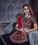 Rajwadi Black Gamthi Embroidered Navratri Chaniya Choli with Red Dupatta – Design