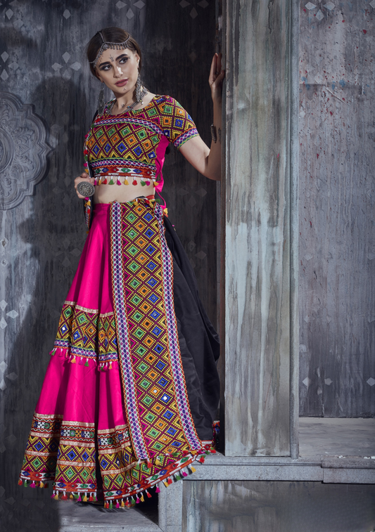 Designer Pink Navratri Chaniya Choli with Black Dupatta & Multicolor Mirror Embroidery