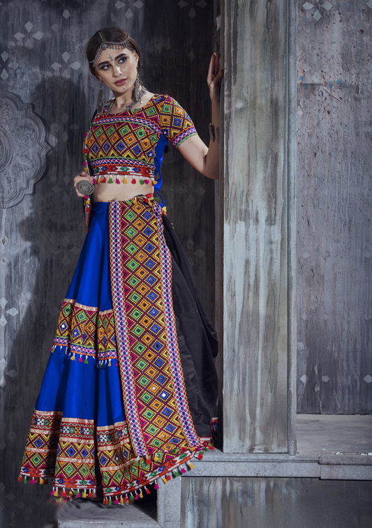 Royal Blue Navratri Chaniya Choli with Multicolor Gamthi Embroidery & Mirror Work – Traditional Garba Outfit