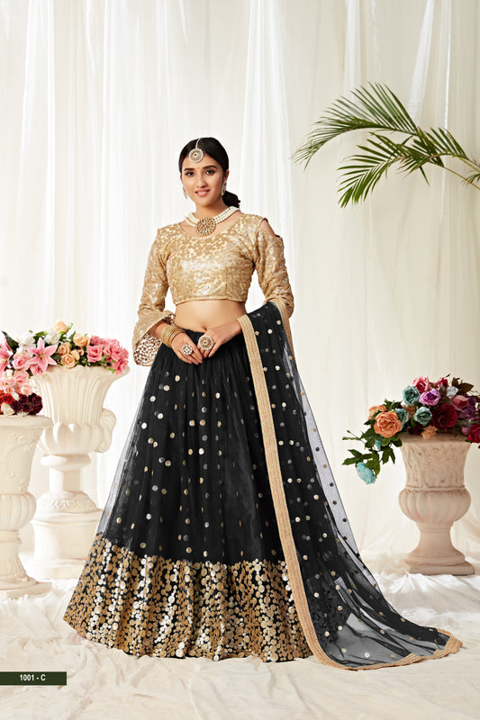 Elegant Black Soft Net Lehenga Choli with Sequins & Thread Work