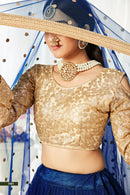 Elegant Navy Blue Soft Net Lehenga Choli with Sequins & Thread Work