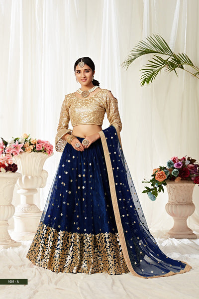 Elegant Navy Blue Soft Net Lehenga Choli with Sequins & Thread Work