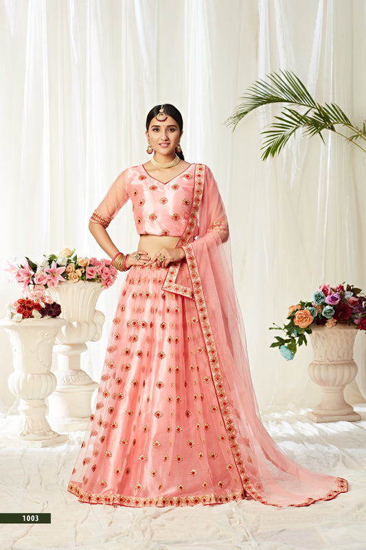 Heavy Designer Peach Lehenga Choli with Sequins & Thread Work