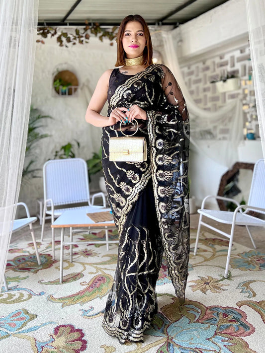 Black Soft Net Wedding Look Saree | Sequence Embroidery | With Unstitched Blouse