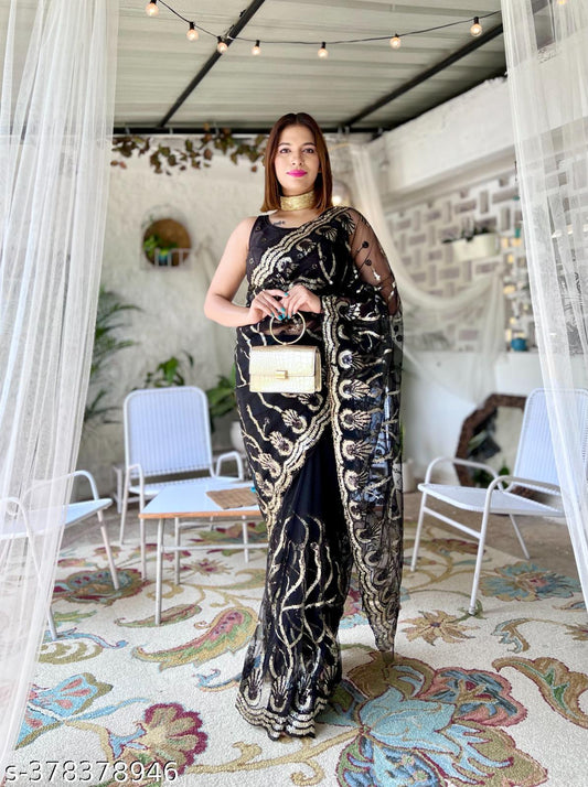 Black Soft Net Wedding Look Saree | Sequence Embroidery | With Unstitched Blouse