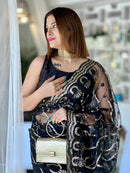 Black Soft Net Wedding Look Saree | Sequence Embroidery | With Unstitched Blouse
