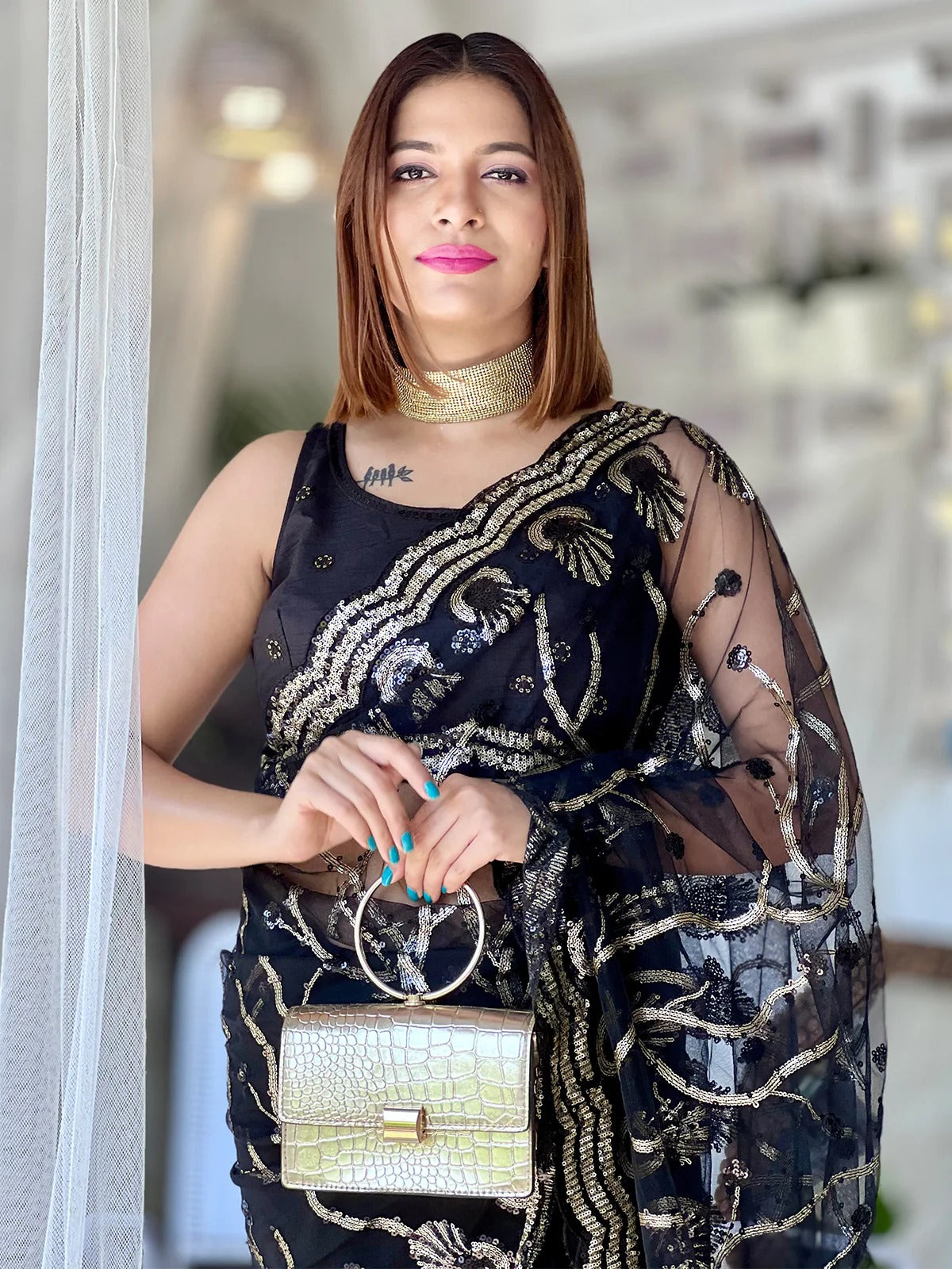 Black Soft Net Wedding Look Saree | Sequence Embroidery | With Unstitched Blouse