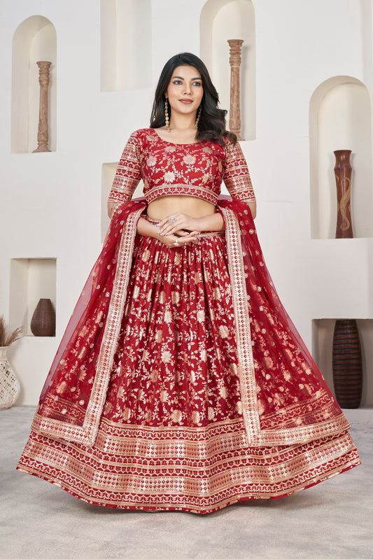 Stunning Red Dola Jacquard Lehenga with Zari & Sequin Work