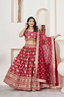 Stunning Red Dola Jacquard Lehenga with Zari & Sequin Work