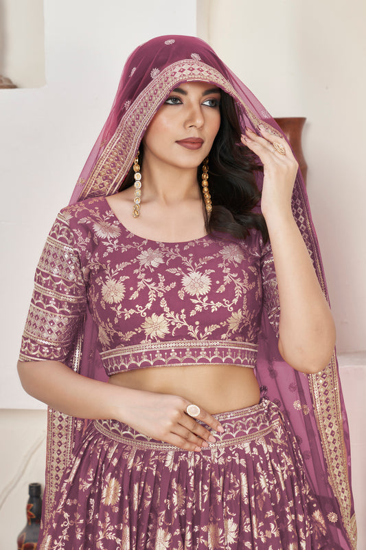Elegant Rosy Brown Dola Jacquard Lehenga with Zari & Sequin Work