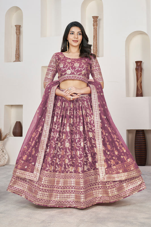 Elegant Rosy Brown Dola Jacquard Lehenga with Zari & Sequin Work