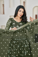 Elegant Mehndi Green Dola Jacquard Lehenga with Zari & Sequin Work
