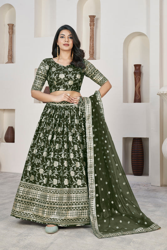 Elegant Mehndi Green Dola Jacquard Lehenga with Zari & Sequin Work