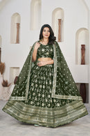 Elegant Mehndi Green Dola Jacquard Lehenga with Zari & Sequin Work