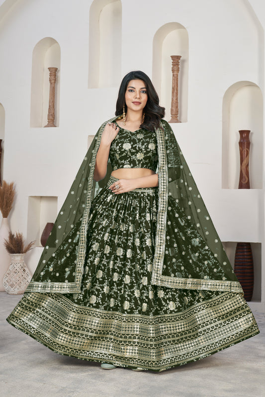 Elegant Mehndi Green Dola Jacquard Lehenga with Zari & Sequin Work