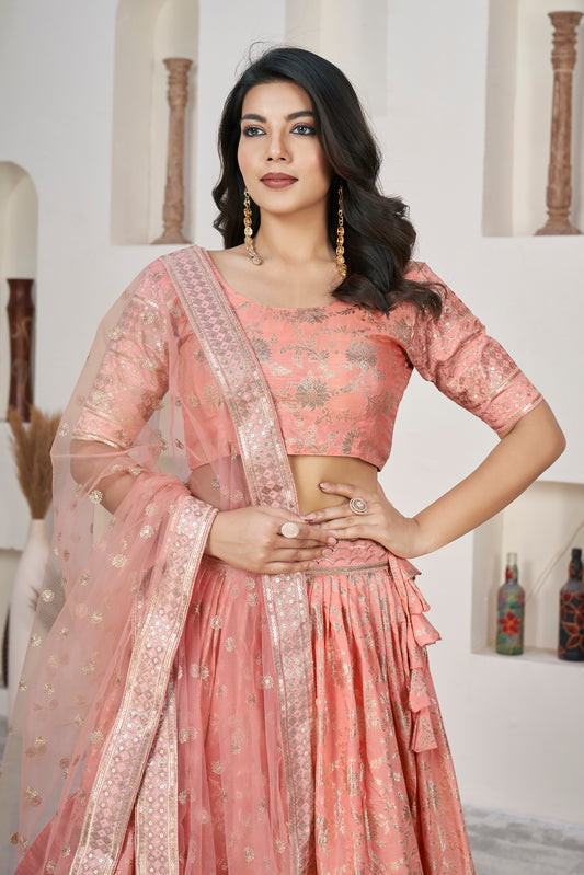 Chic Peach Dola Jacquard Lehenga with Zari & Sequin Work