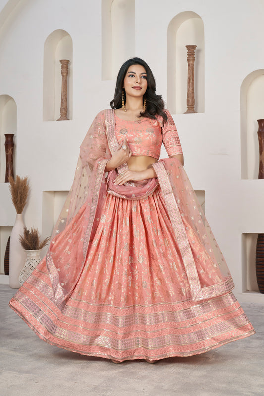 Chic Peach Dola Jacquard Lehenga with Zari & Sequin Work