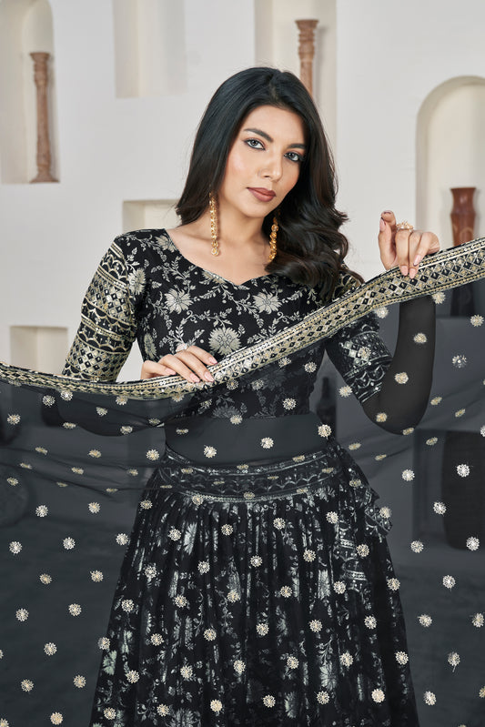 Elegant Black Dola Jacquard Lehenga with Zari & Sequin Work