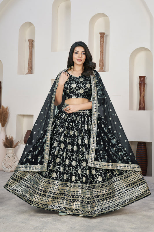 Elegant Black Dola Jacquard Lehenga with Zari & Sequin Work