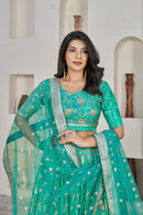 Elegant Cyan Green Dola Jacquard Lehenga with Zari & Sequin Work