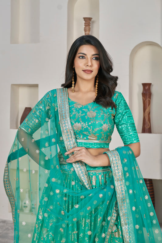 Elegant Cyan Green Dola Jacquard Lehenga with Zari & Sequin Work