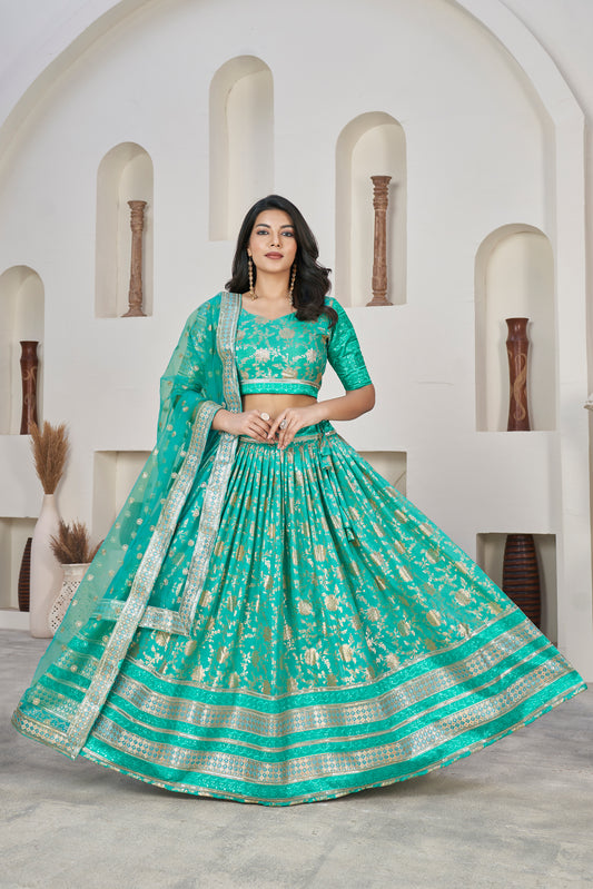 Elegant Cyan Green Dola Jacquard Lehenga with Zari & Sequin Work